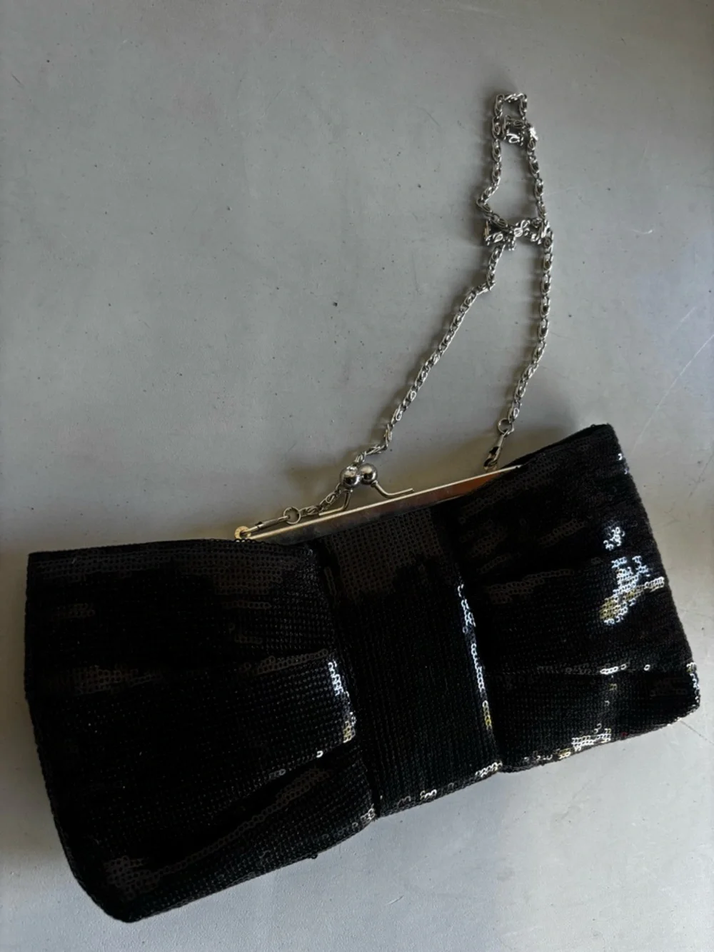 Black Sequin Bow Clutch with Chain Strap